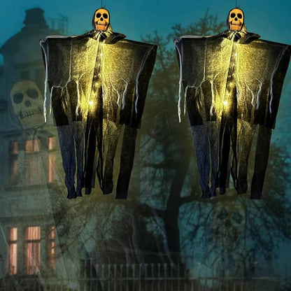 Set of two glowing skull Halloween outdoor decorations by Belro, featuring spooky skulls for garden or yard Halloween decor.