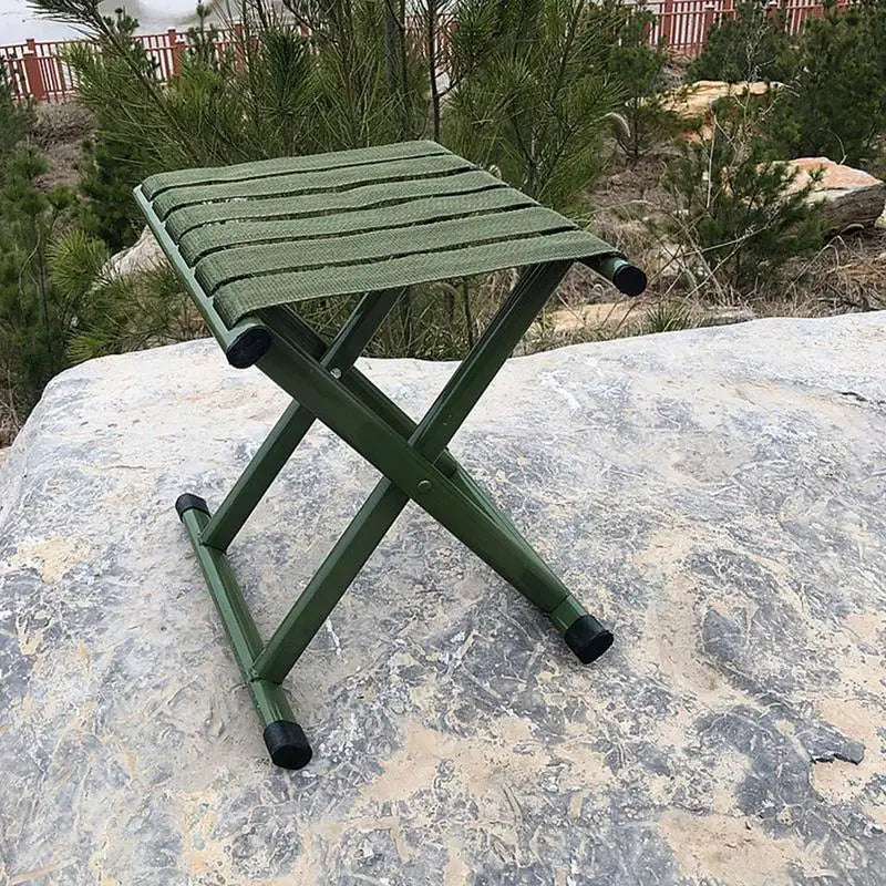 Belro portable camping folding stool with wooden seat and metal frame, ideal for outdoor use and compact storage.