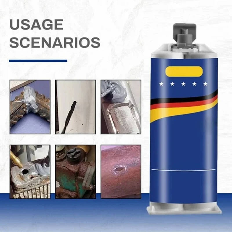 Belro Metal Repair Glue applied to a metal surface, showcasing strong adhesive for tools and hardware repairs.