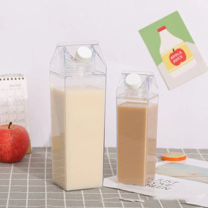 Clear Belro milk carton-style water bottle with a screw cap, designed for home and kitchen use, transparent and lightweight.
