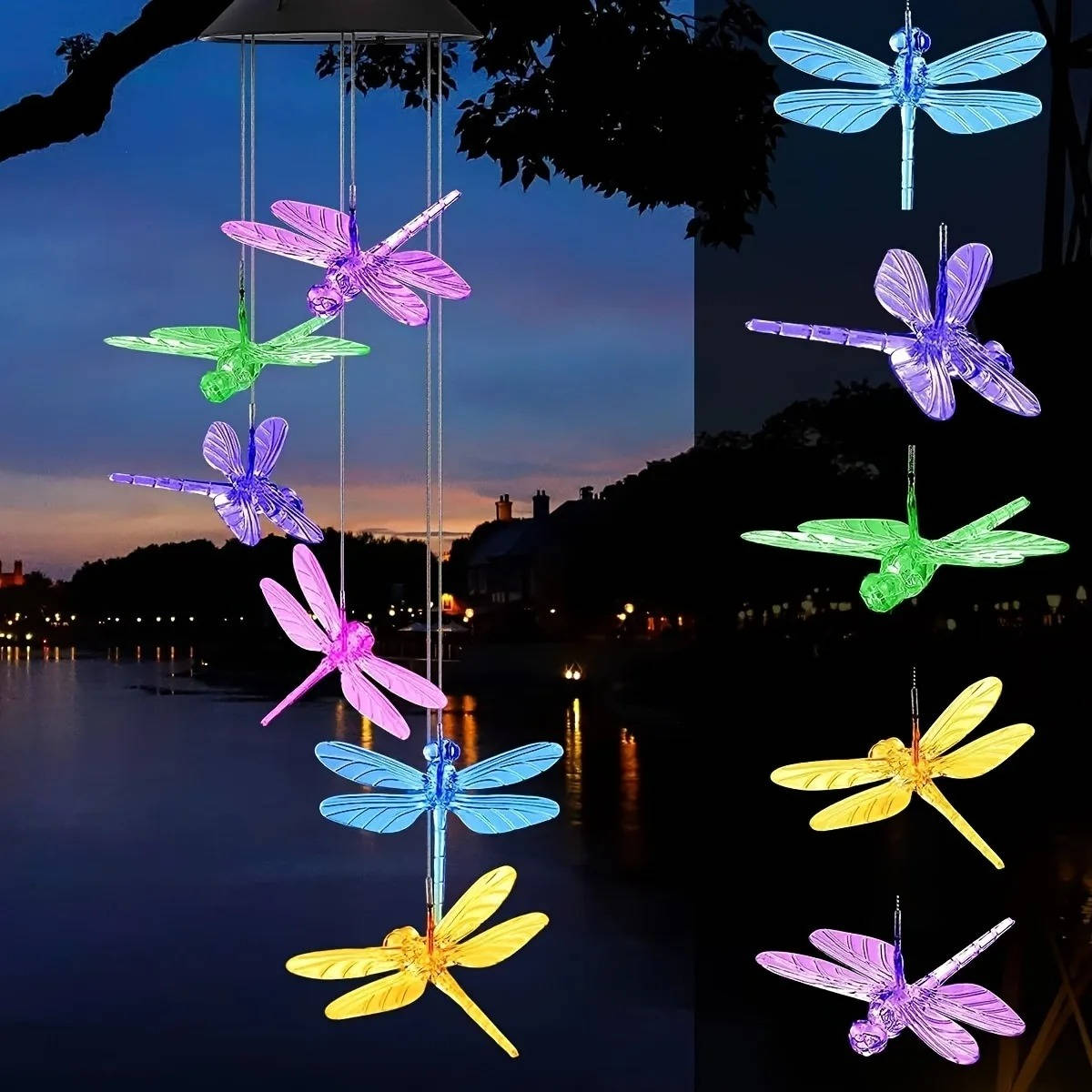 Belro solar wind chimes hanging outdoors in a garden, featuring colorful glass and metal tubes that produce gentle sound in the breeze.