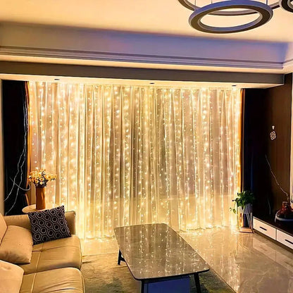 Belro Curtain LED Lights hanging outdoors, decorative string lights for home and garden, warm white glow, flexible design.