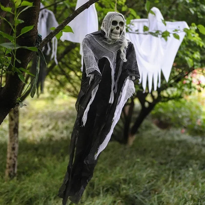 Belro Halloween hanging ghost decoration with skull, spooky costume accessory for haunted house or Halloween decor.