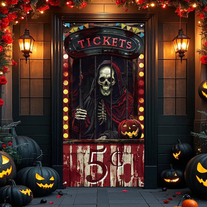 Creepy Halloween door cover by Belro, spooky home decor for Halloween decoration, featuring a frightening design.