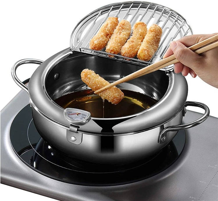 Belro Japanese deep frying pot for home kitchen, shown with stainless steel handle and spacious cooking interior.