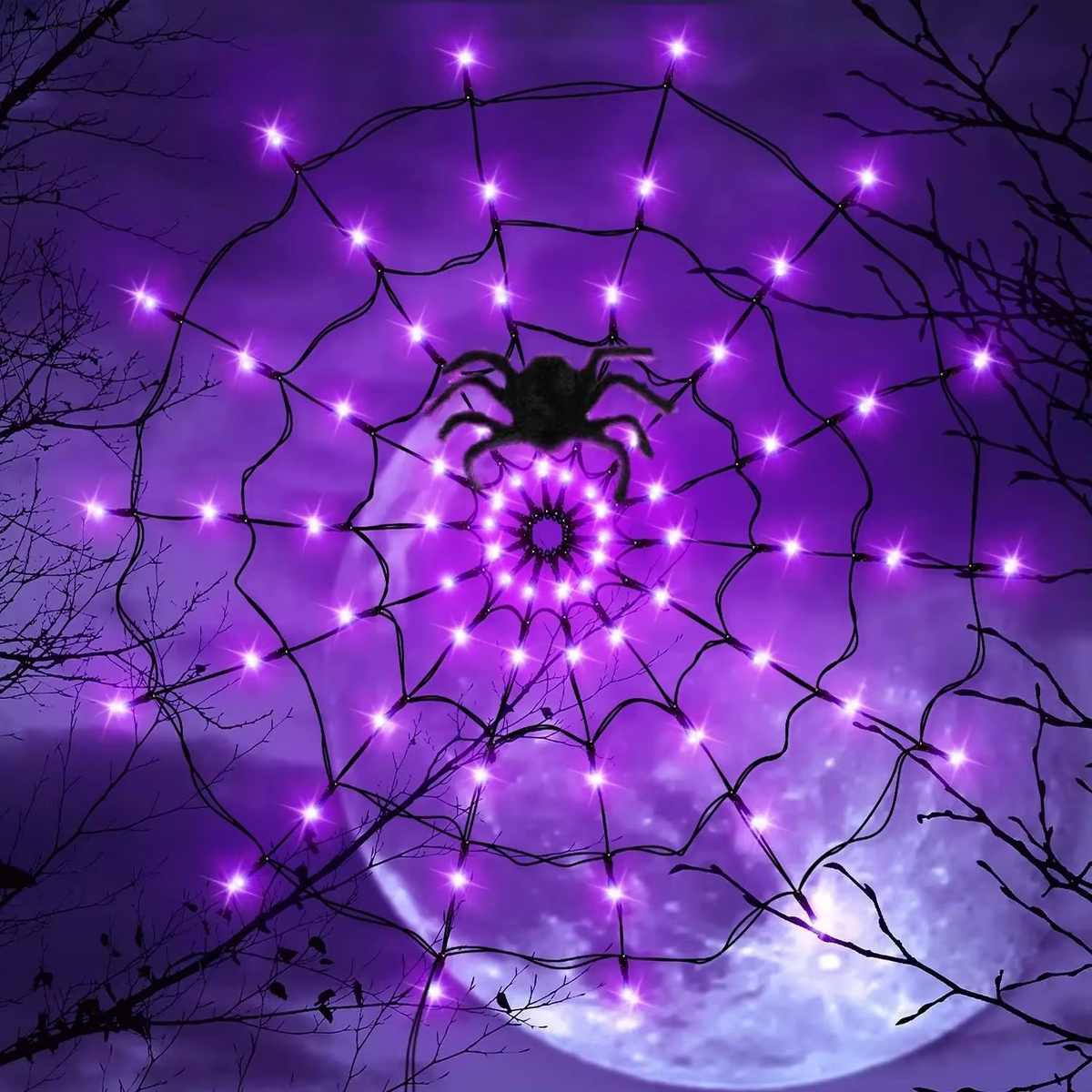 Belro Halloween Spider Web Lights outdoor accessory attached to an umbrella, creating spooky Halloween outdoor decor.