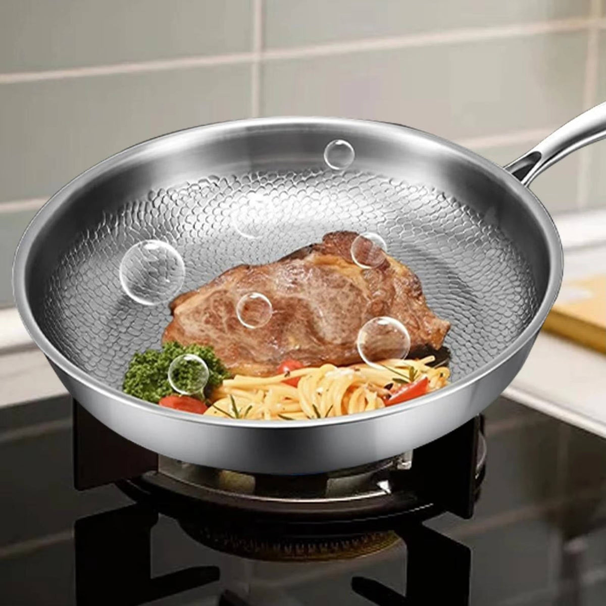 Belro titanium non-stick, non-toxic cookware pan with a sleek kitchen design for home and dining use.