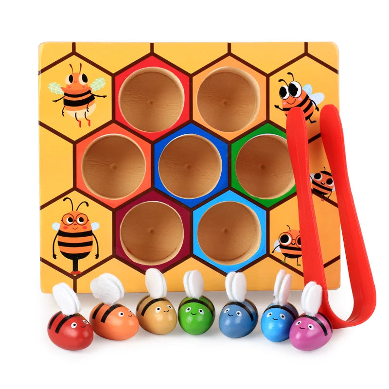 Wooden Beehive Montessori game by Belro, designed for children’s educational play, featuring colorful wooden pieces on a natural background.