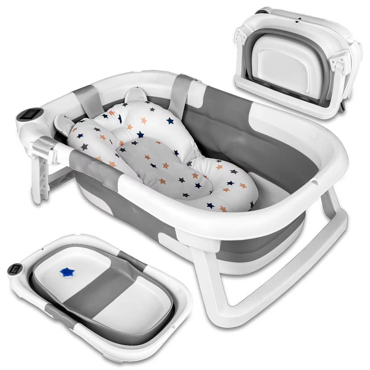 Foldable Belro newborn baby bathing tub with soft interior and compact design for easy storage and comfortable bath time.