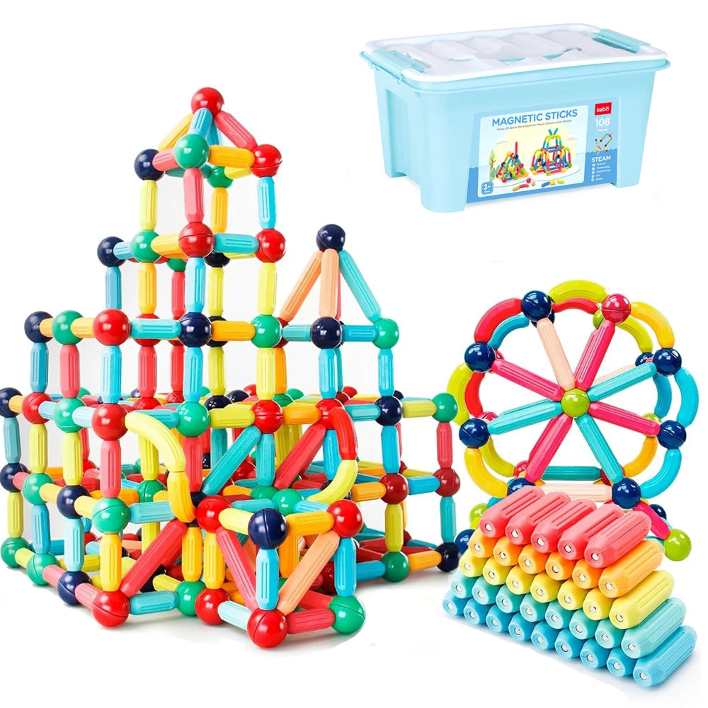 Belro Magnetic Sticks Building Blocks for educational Montessori toys, shown assembled in various geometric shapes and colors.
