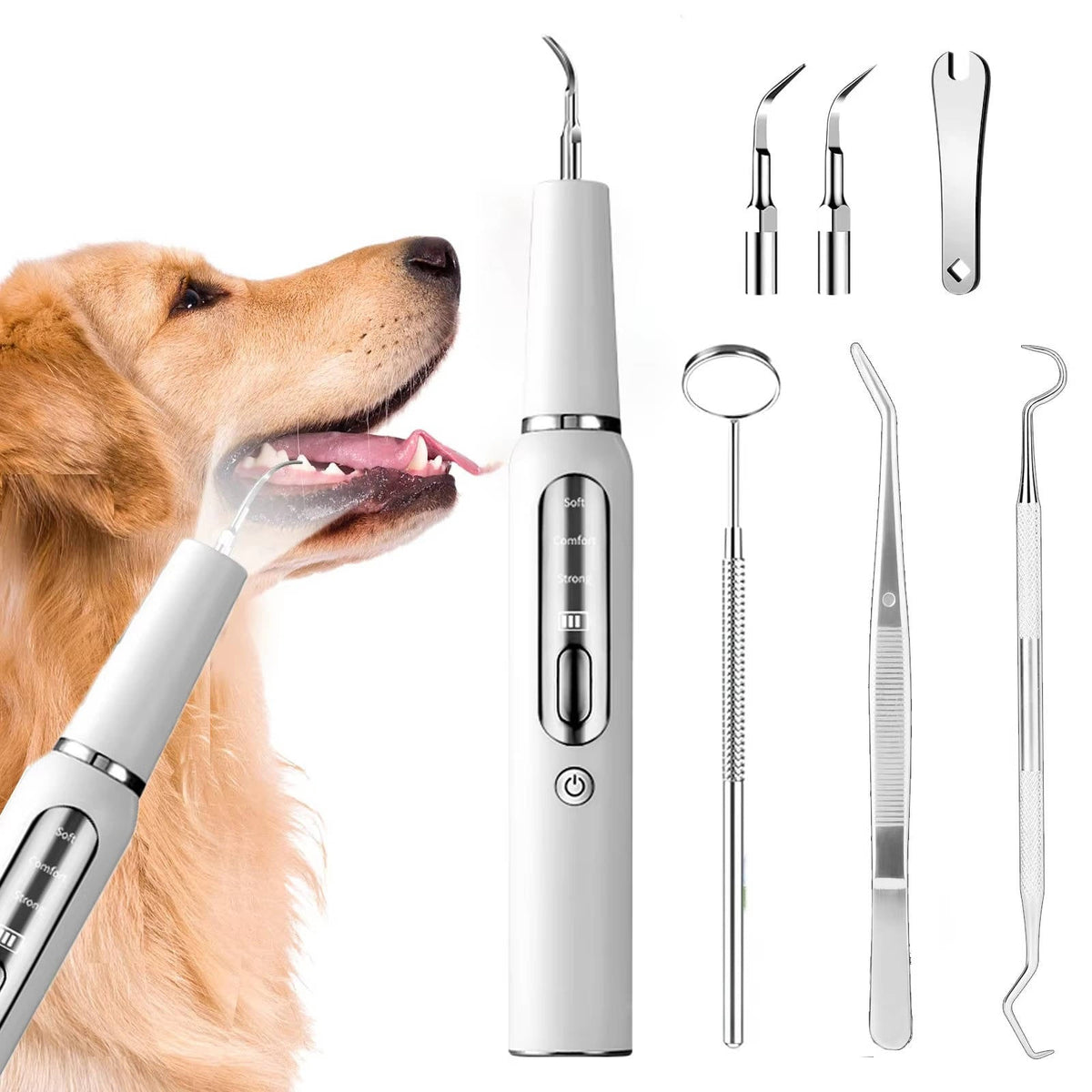 Belro dog plaque and tartar remover tool for at-home oral care, showing a hand holding the device near a dog's teeth.