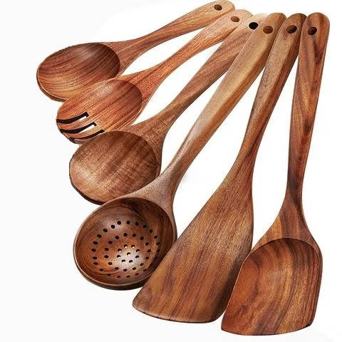 Six-piece wooden utensils set by Belro featuring spoons, spatulas, and stirring paddles for kitchen and dining use.