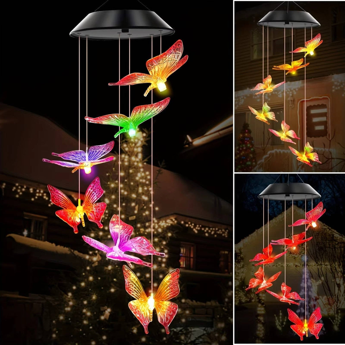Belro solar wind chimes hanging outdoors, featuring metal tubes and decorative accents, illuminated by solar-powered light.