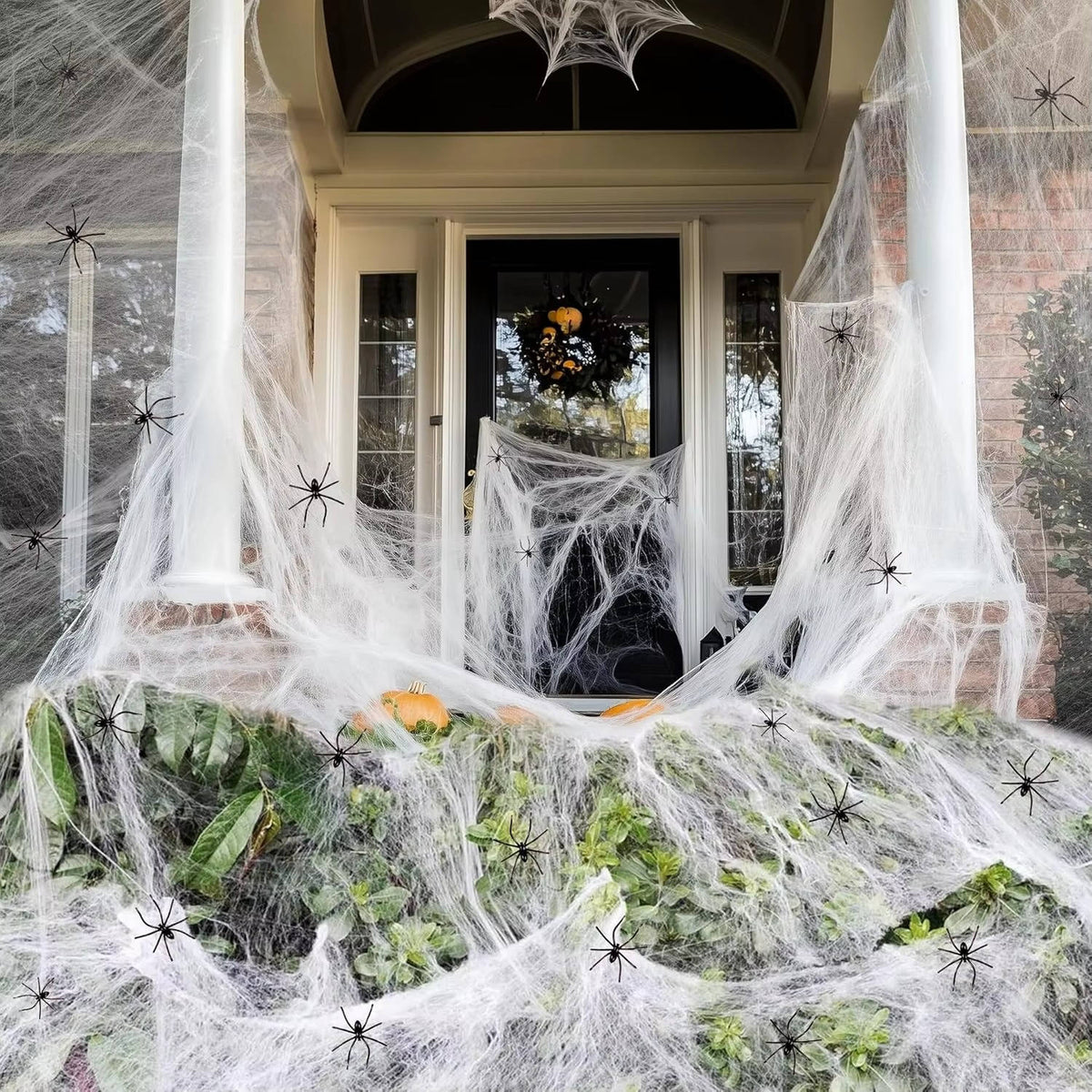 Belro Halloween door decorations with 200 sqft spider webs and fake spiders, ideal for spooky seasonal home decor.