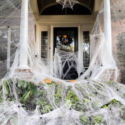 Belro Halloween door decorations with 200 sqft spider webs and fake spiders, ideal for spooky seasonal home decor.