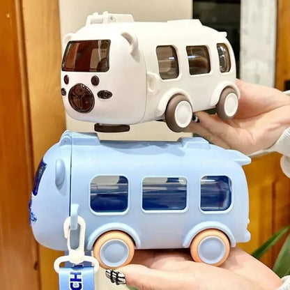 Belro cartoon toy bus water bottle with straw, colorful plastic tumbler designed for kids, suitable for kitchen and outdoor use