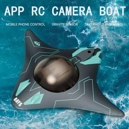 Belro RC submarine with camera, toy underwater vehicle showing sleek design and camera lens on front for underwater exploration.