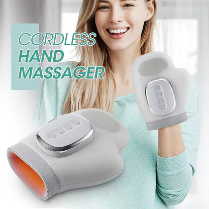 Belro electric hand massager with ergonomic design, black and gray controls, and textured surface for soothing hand relief.