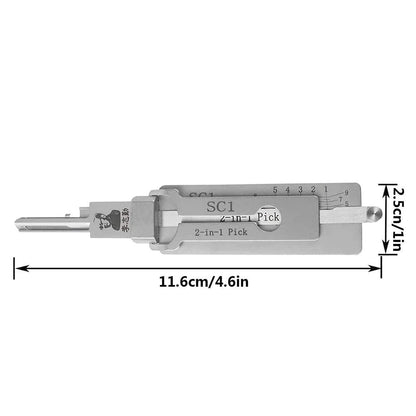 Drillpro 2-in-1 locksmith decoder tool with KW1, SS001, SS002, SC1, SC4 models, used for lock decoding and locksmith work.
