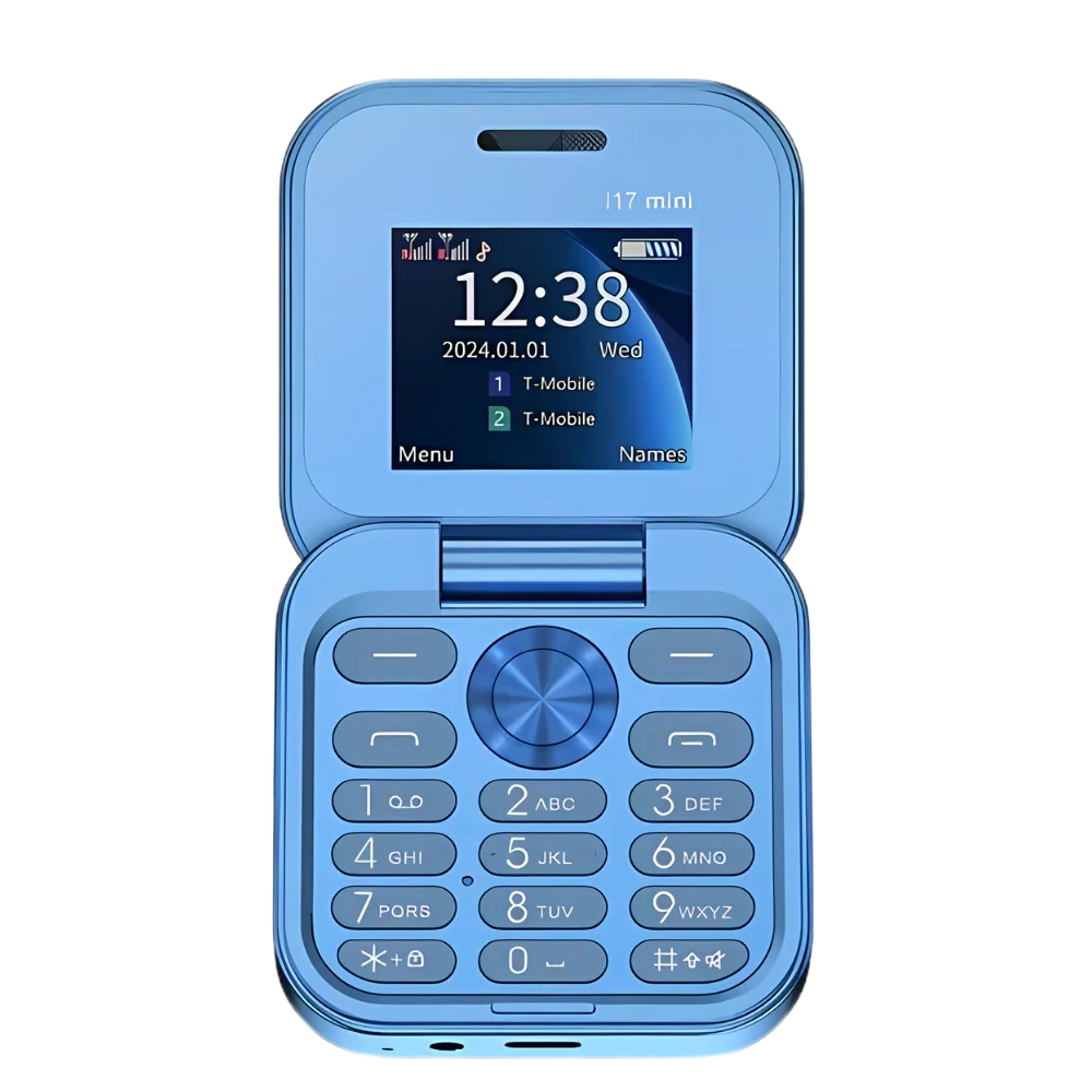 Blue Belro dual SIM small folding cell phone with compact design, featuring a flip cover and keypad for easy mobile communication.