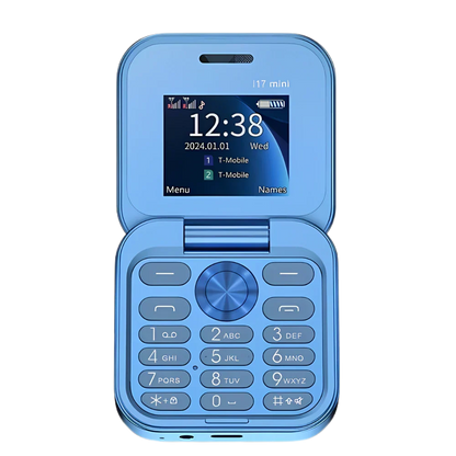 Blue Belro dual SIM small folding cell phone with compact design, featuring a flip cover and keypad for easy mobile communication.
