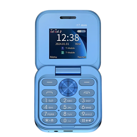Blue Belro dual SIM small folding cell phone with compact design, featuring a flip cover and keypad for easy mobile communication.
