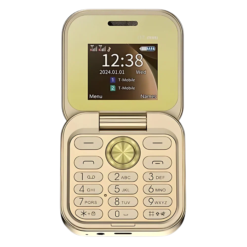 Gold Belro dual SIM small folding cell phone showing its compact clamshell design and key buttons.