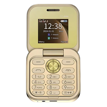 Gold Belro dual SIM small folding cell phone showing its compact clamshell design and key buttons.