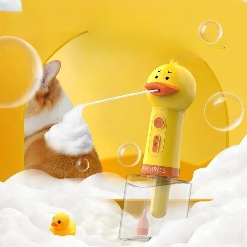 Belro foam pet shampoo dispenser with duck-shaped bath sponge for gentle, easy pet hair cleaning and bathing.