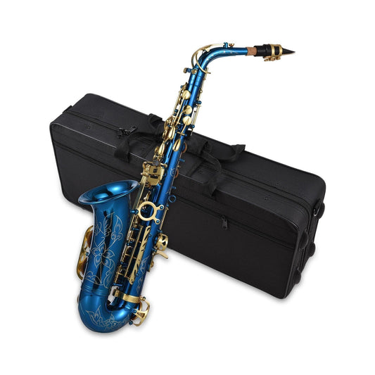 E-Flat Alto Saxophone Deluxe Set by GETDECO with engraved brass body and abalone shell buttons, shown with mouthpiece and accessories.