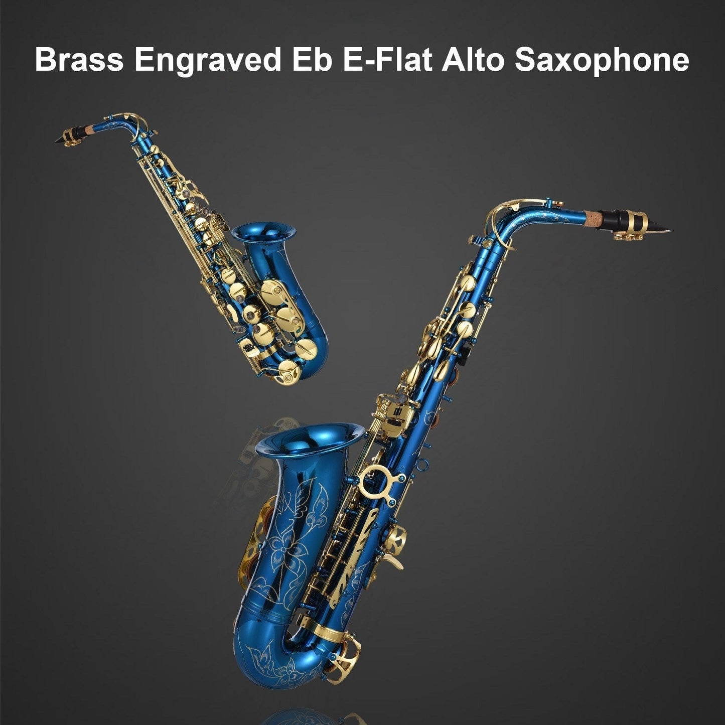 E-Flat Alto Saxophone Deluxe Set by GETDECO featuring engraved brass body and abalone shell buttons, shown with mouthpiece and accessories.