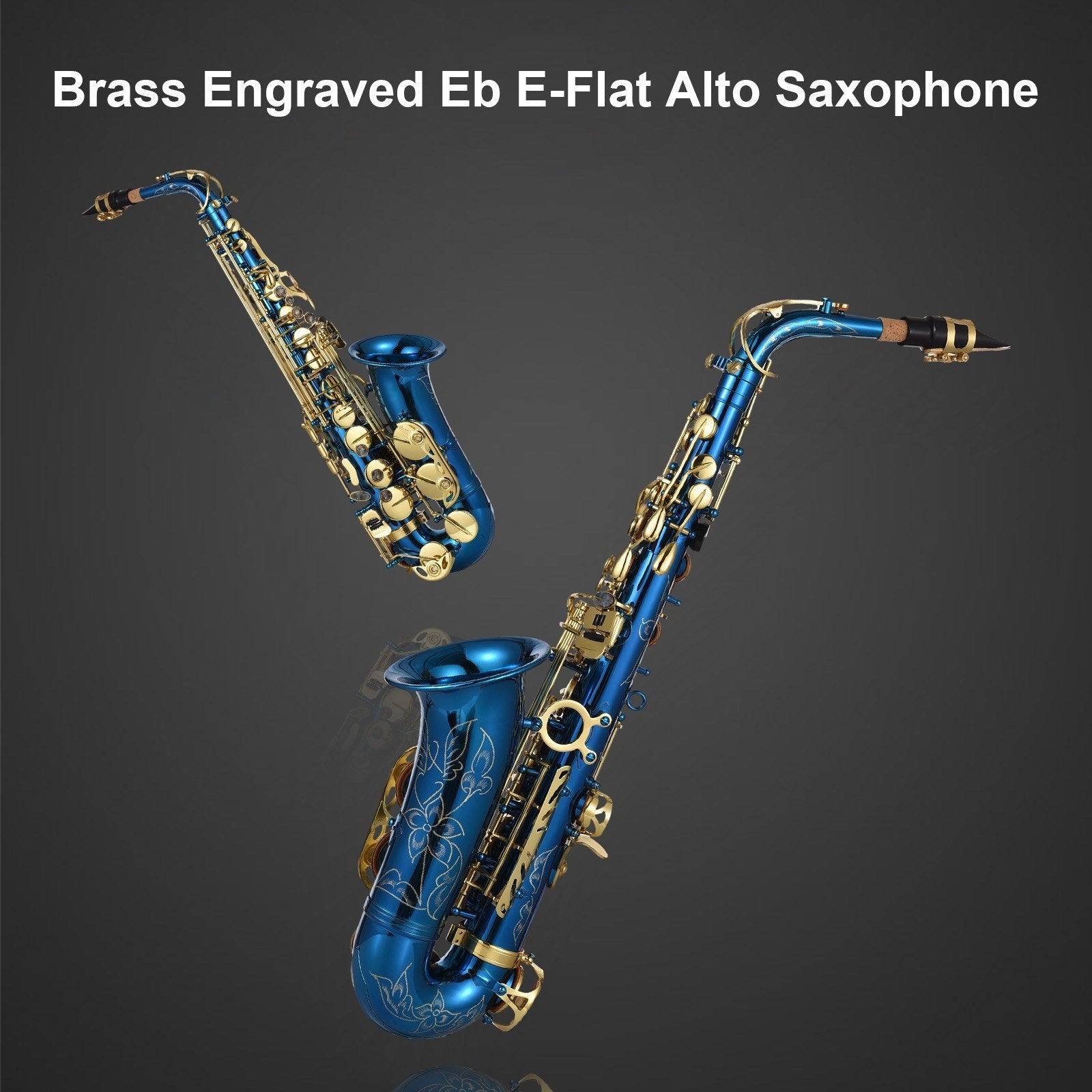 E-Flat Alto Saxophone Deluxe Set by GETDECO featuring engraved brass body and abalone shell buttons, shown with mouthpiece and accessories.