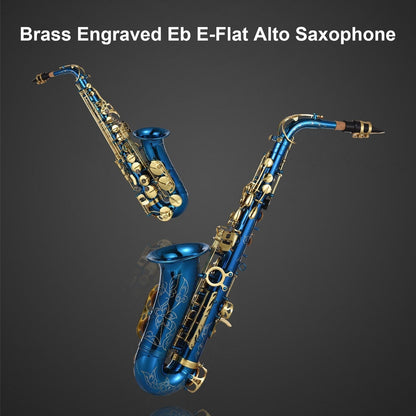 E-Flat Alto Saxophone Deluxe Set by GETDECO featuring engraved brass body and abalone shell buttons, shown with mouthpiece and accessories.