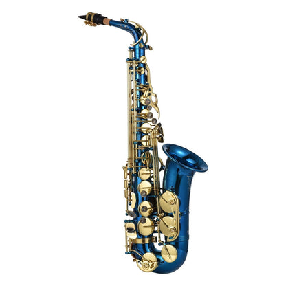 GETDECO E-Flat Alto Saxophone Deluxe Set with engraved brass body and abalone shell buttons, showing the instrument and accessories.