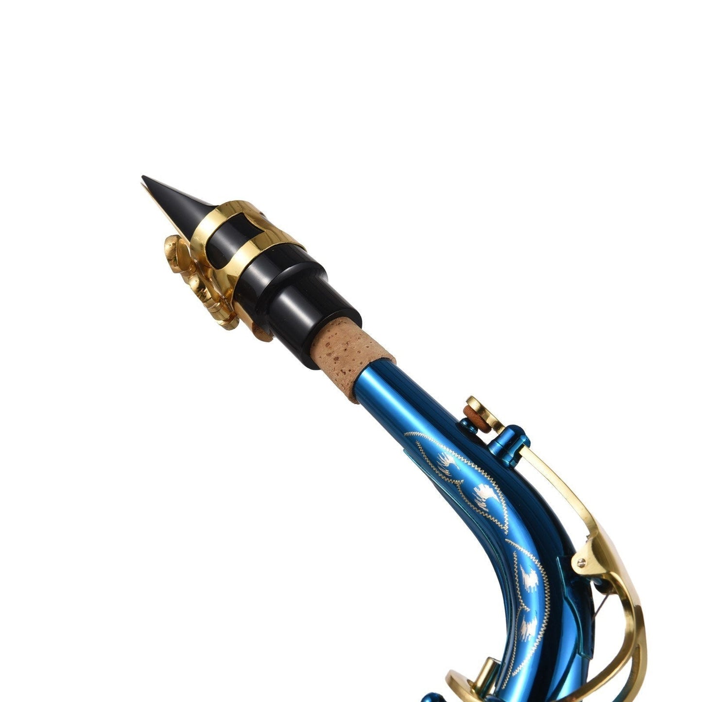 E-Flat Alto Saxophone Set by GETDECO with engraved brass body and abalone shell buttons, showcasing the detailed instrument and accessories.