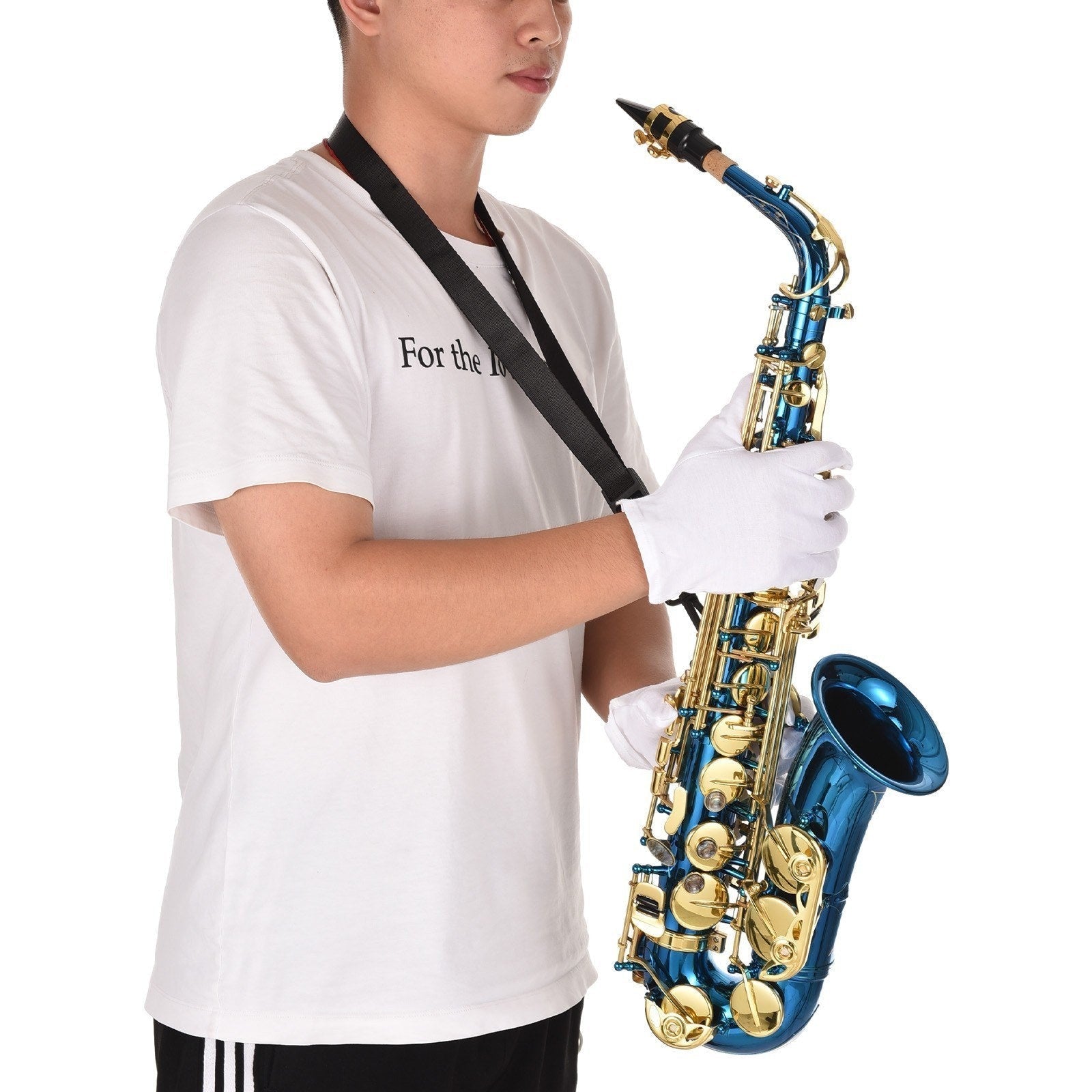 E-Flat Alto Saxophone Deluxe Set by GETDECO with engraved brass body and abalone shell buttons, showing the instrument and accessories.