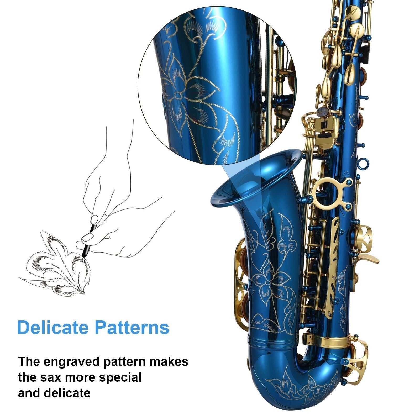 E-Flat Alto Saxophone Deluxe Set by GETDECO with engraved brass body and abalone shell buttons, showcasing the elegant instrument.