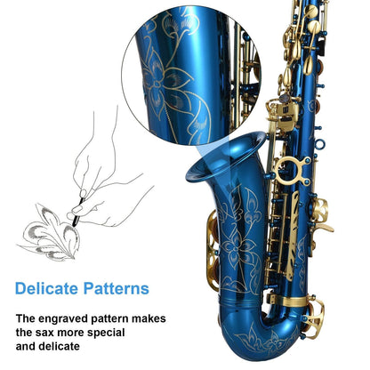 E-Flat Alto Saxophone Deluxe Set by GETDECO with engraved brass body and abalone shell buttons, showcasing the elegant instrument.