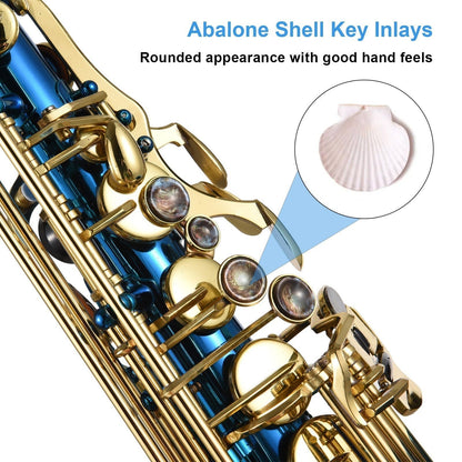 E-Flat Alto Saxophone Set by GETDECO with engraved brass finish and abalone shell buttons, showcasing the instrument and accessories.