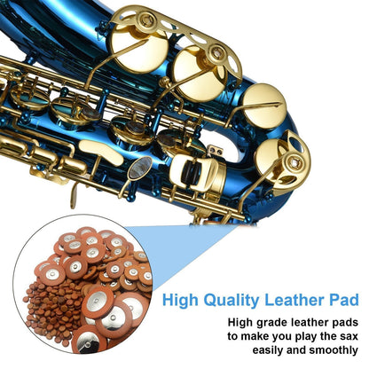 E-Flat Alto Saxophone Set by GETDECO with engraved brass body and abalone shell buttons, showcasing the full instrument.
