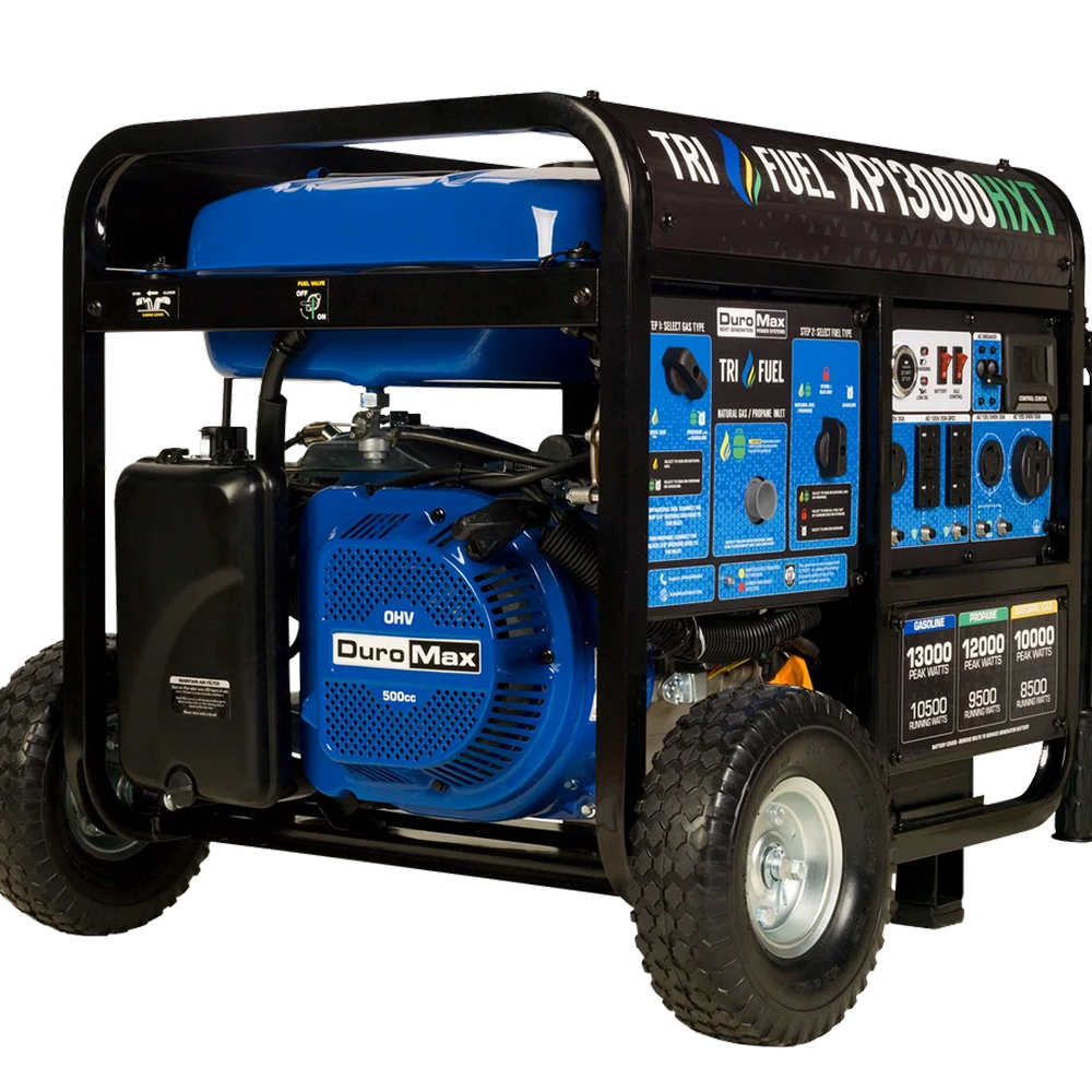 DuroMax XP13000HXT tri-fuel gasoline propane natural gas generator with remote start, CO alert, and rugged design.