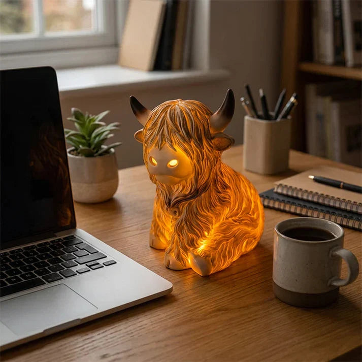 Mivoza Highland Cow resin night light emitting a warm amber glow, decorative lamp ideal for cozy bedroom or living space.
