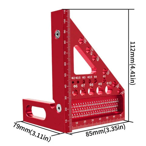 Mivoza aluminium woodworking square with drill guide holes, 90° and 45° angles, for precise measuring and layout in carpentry projects.