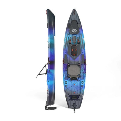 Casavibeo Shearwater 125 sit-on-top fishing kayak with pedal drive, featuring a sleek design and fishing accessories.