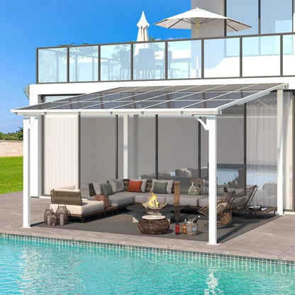 Aecojoy 12 ft x 12 ft white aluminum pergola with canopy, featuring a sturdy frame and shaded area for outdoor relaxation.