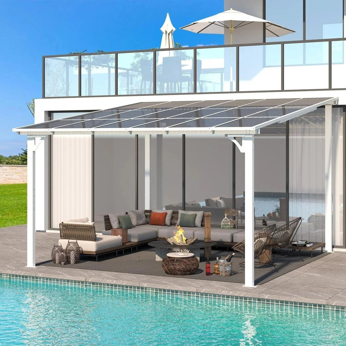 Aecojoy 12 ft x 12 ft white aluminum pergola with canopy, outdoor patio cover with sturdy frame and shaded area.