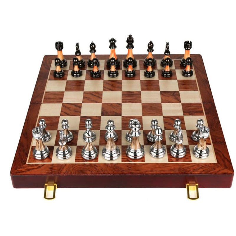 Belro metal chess set with detailed pieces on a large 42 cm wooden chessboard, ideal for strategic gameplay and decorative display.