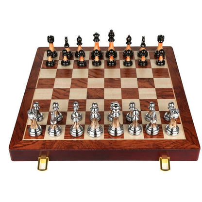 Belro metal chess set with detailed pieces on a large 42 cm wooden chessboard, ideal for strategic gameplay and decorative display.