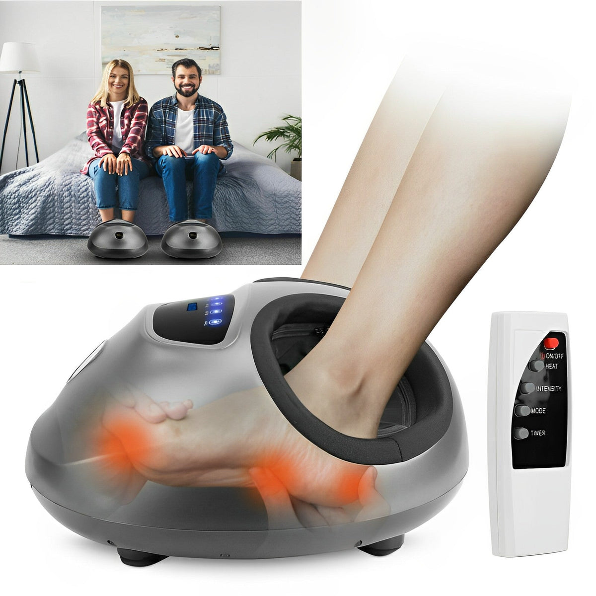 Belro Shiatsu electric foot massager with heat feature, showing textured footpads and control panel for relaxation and pain relief.