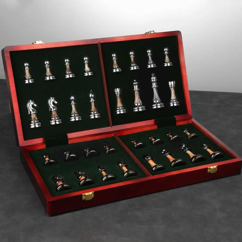 Belro luxurious metal chess set with detailed pieces on a large 42 cm wooden chessboard, ideal for strategic game play.